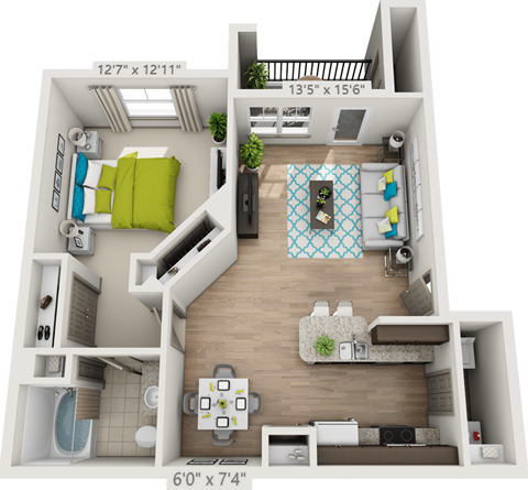 Floor plan for 1 bed, 1 bath, 748 sqft